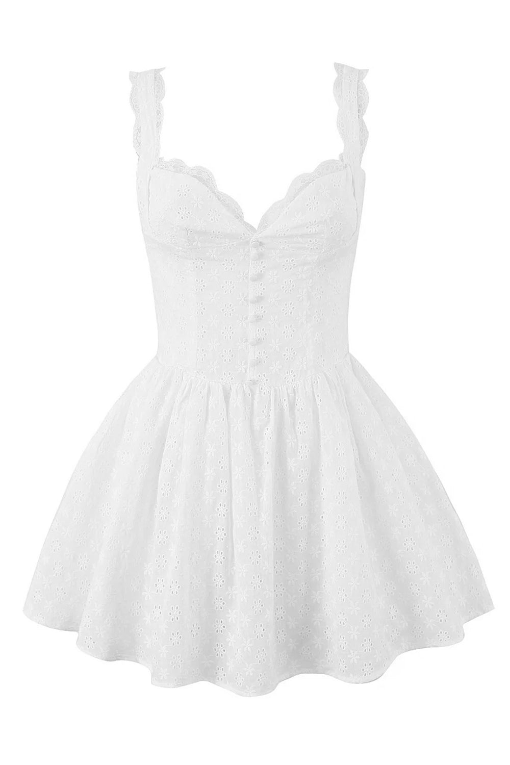 White Bustier Eyelet Lace Flare Mini Dress