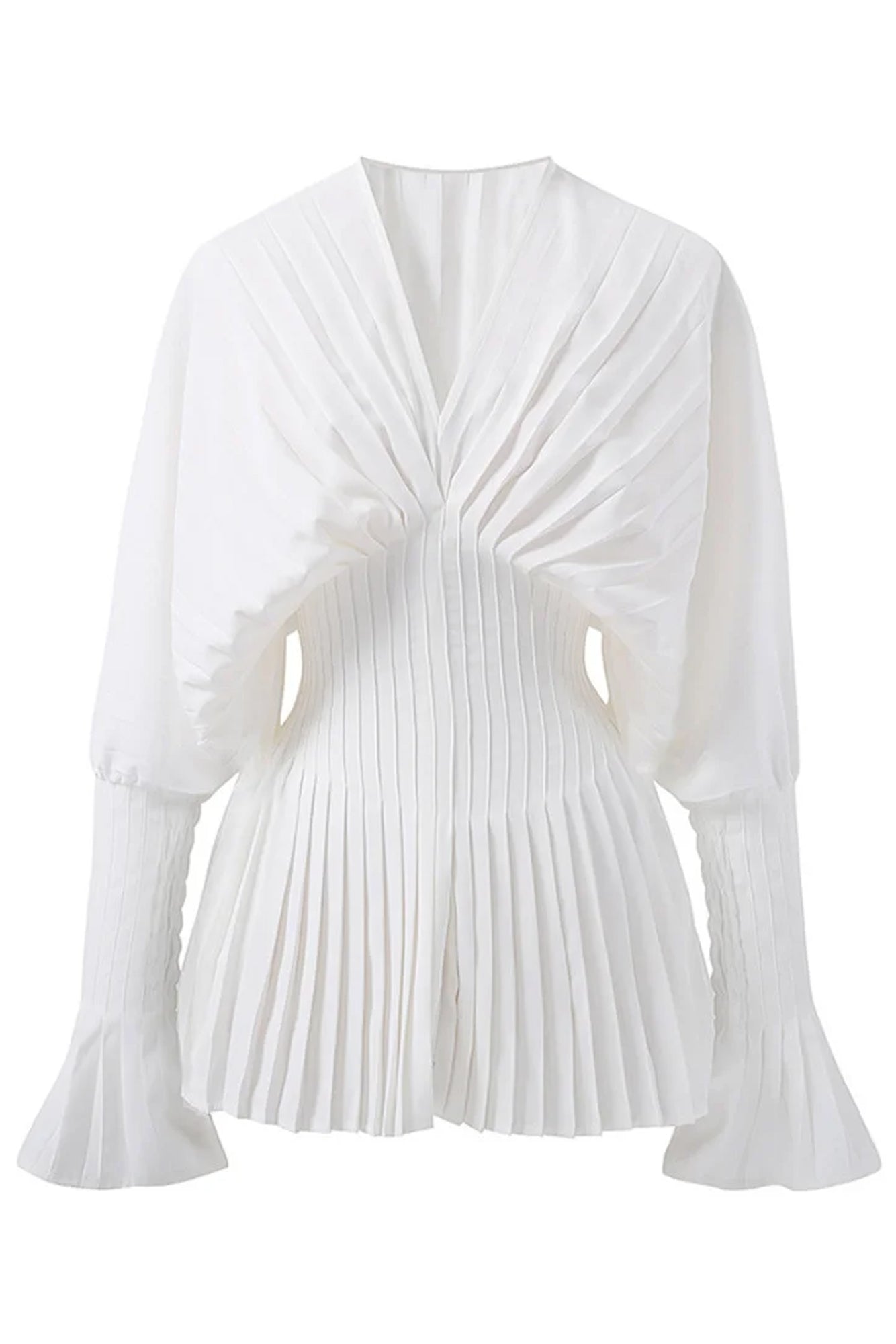 White Long Sleeve Pleated Mini Dress