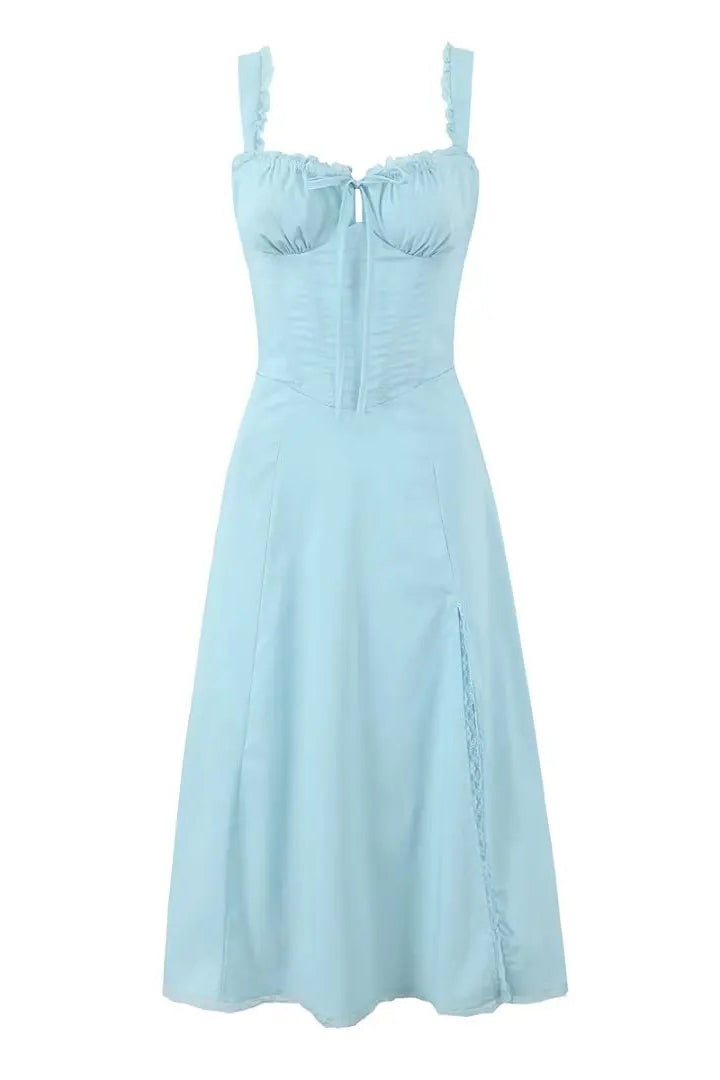 Blue Lace Up Tie Front Ruffle Corset Midi Dress