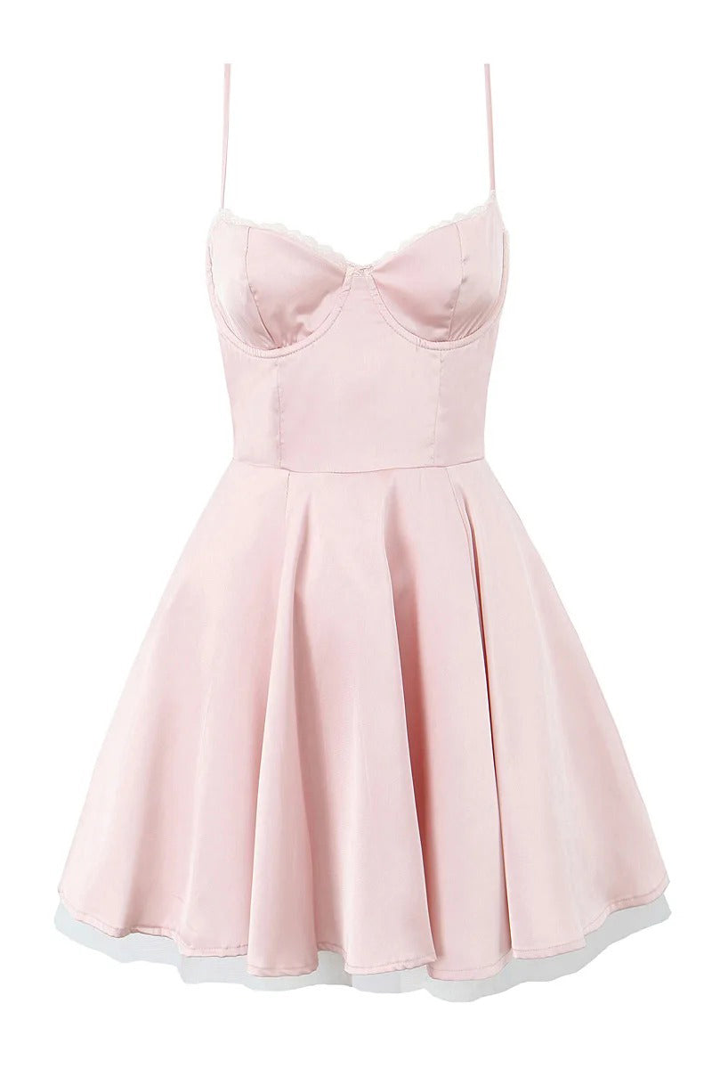 Pink Satin Contrast Tule Babydoll Corset Mini Dress