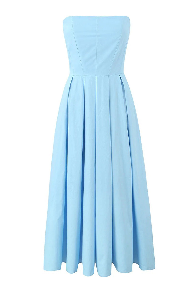 Blue Strapless Pleated Babydoll Corset Midi Dress