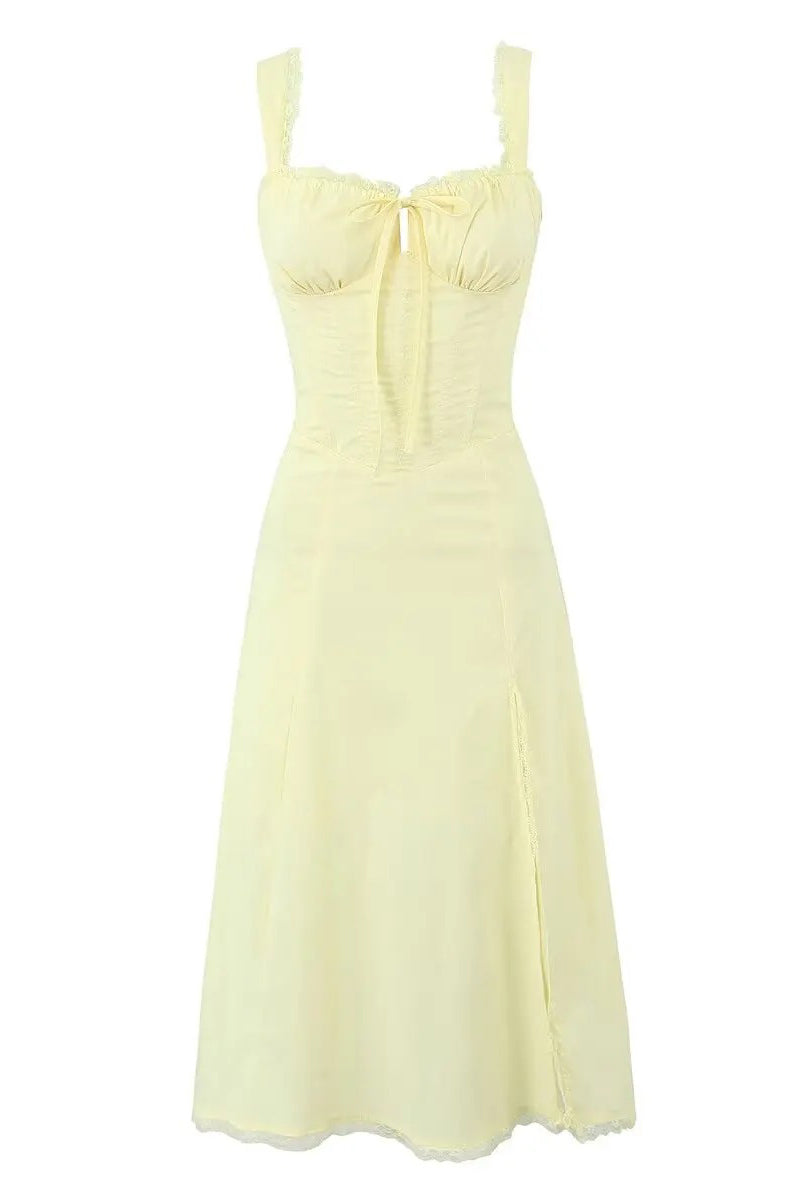 Yellow Lace Up Tie Front Ruffle Corset Midi Dress