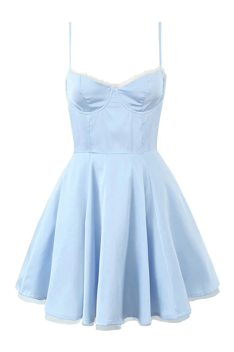 Blue Satin Contrast Tule Babydoll Corset Mini Dress