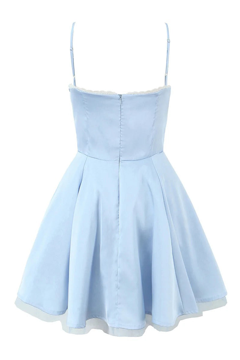 Blue Satin Contrast Tule Babydoll Corset Mini Dress