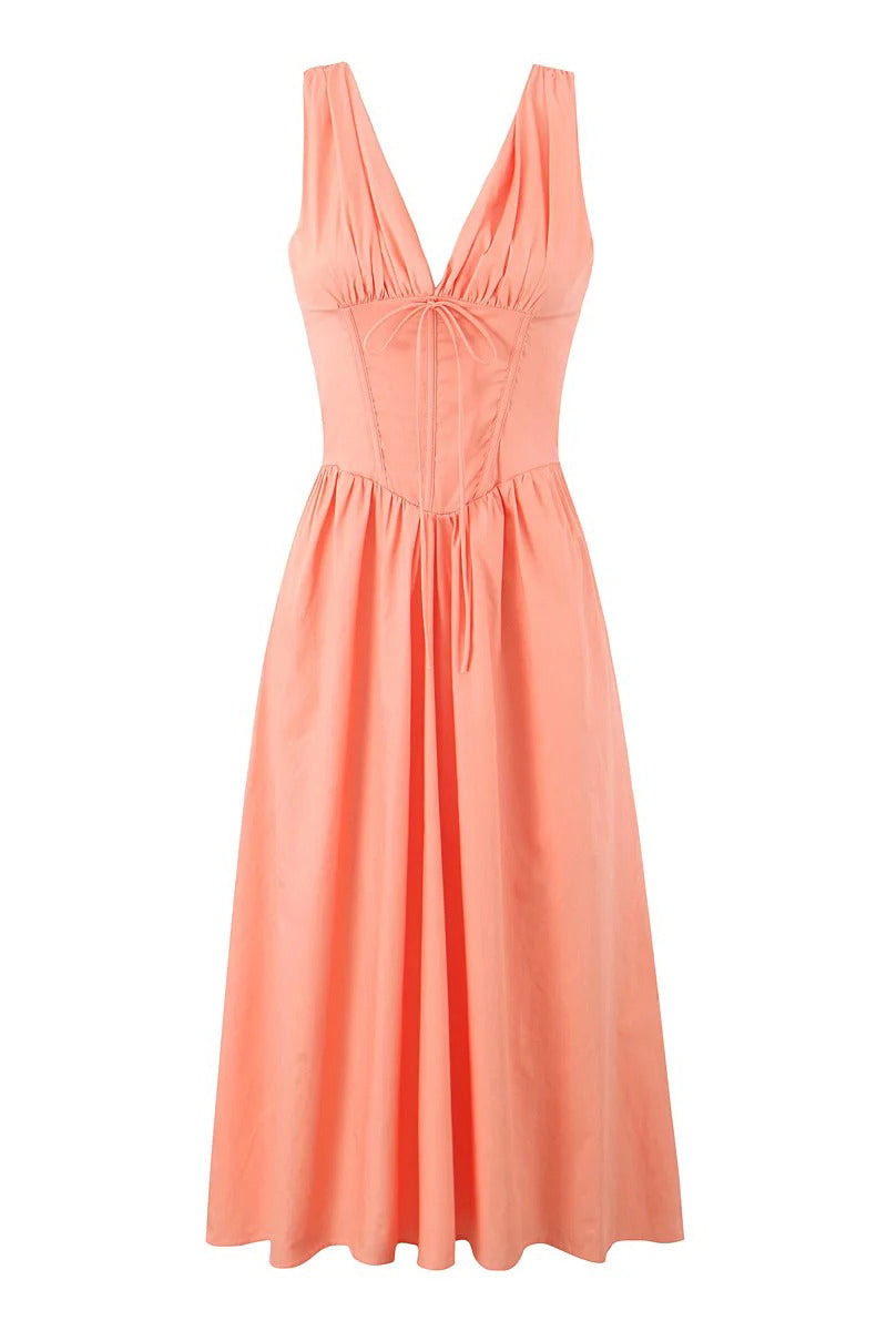 Orange Pleated Sleeveless Ruche Corset Midi Dress