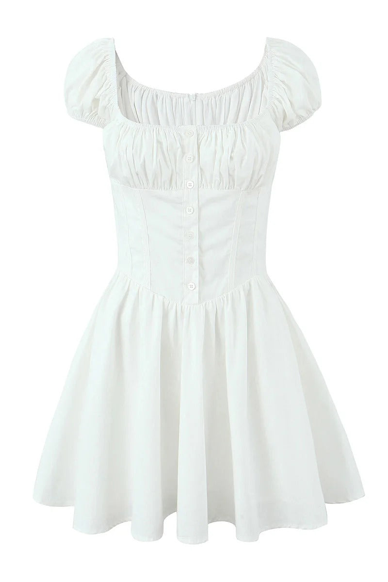 White Puff Sleeve Ruche Button Corset Mini Dress