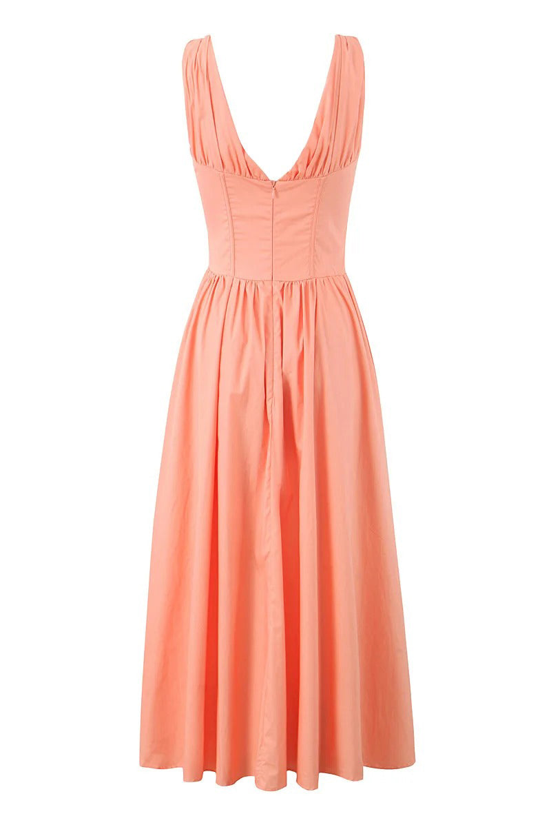 Orange Pleated Sleeveless Ruche Corset Midi Dress