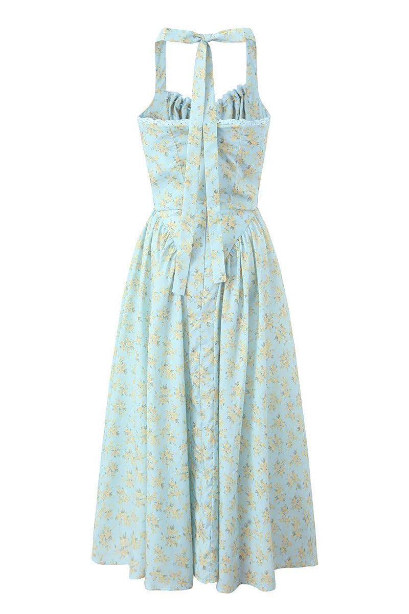 Blue Flower Print Tie Bow Halter Corset Midi Dress