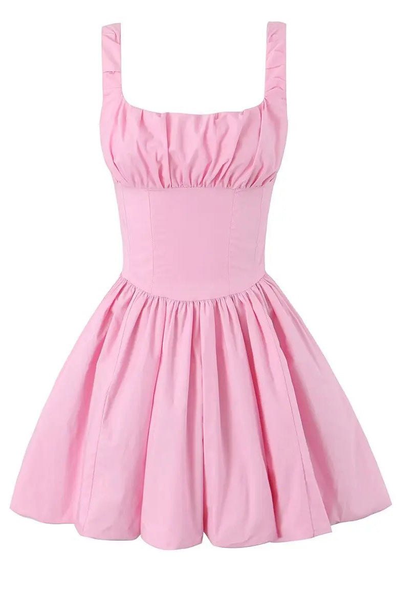 Pink Ruched Puff Corset Bubble Mini Dress