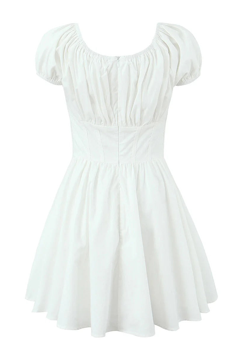 White Puff Sleeve Ruche Button Corset Mini Dress