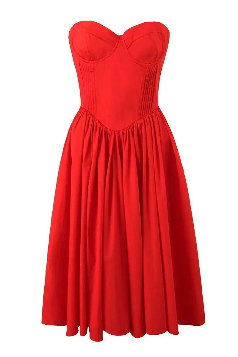 Red Pleated Strapless Corset Low Waist Midi Dress