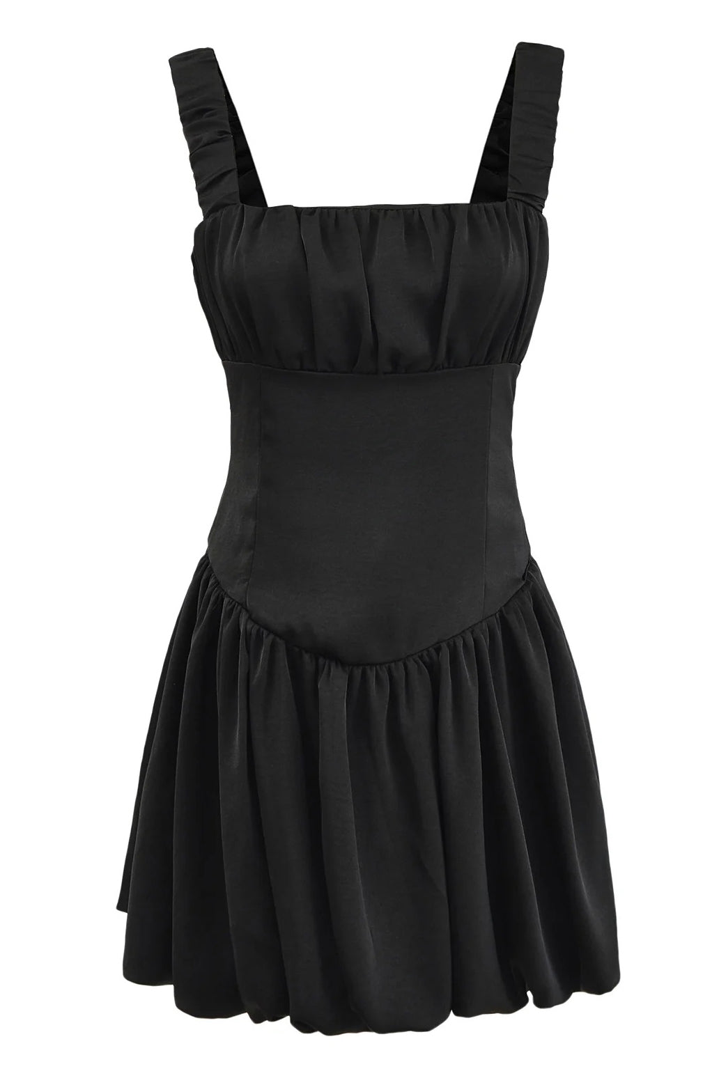 Black Satin Ruche Corset Bubble Mini Dress